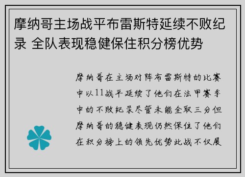 摩纳哥主场战平布雷斯特延续不败纪录 全队表现稳健保住积分榜优势