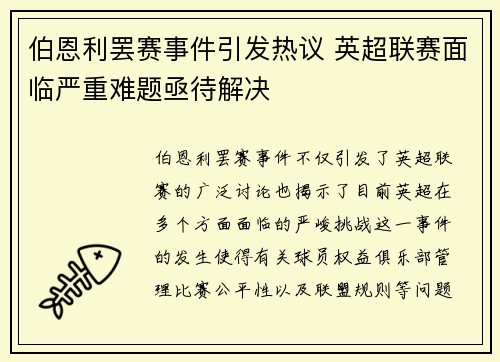 伯恩利罢赛事件引发热议 英超联赛面临严重难题亟待解决